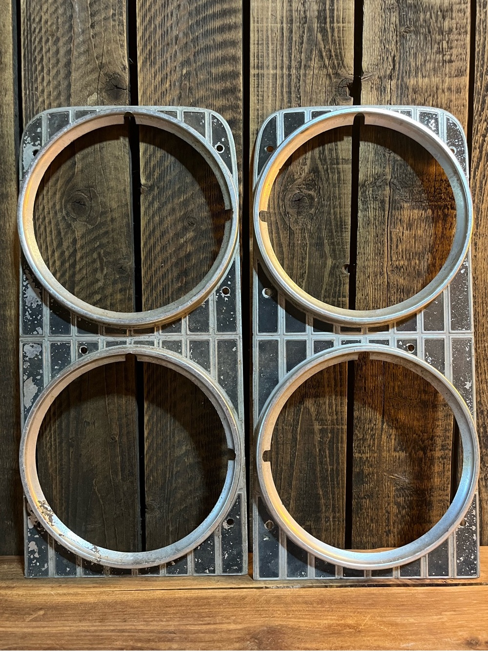 Vintage Dual Headlight Bezels - Silver Gray Metal Set 1969 Oldsmobile